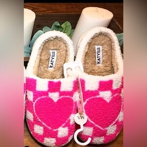 Katydid Fuzzy Pink Heart Slippers